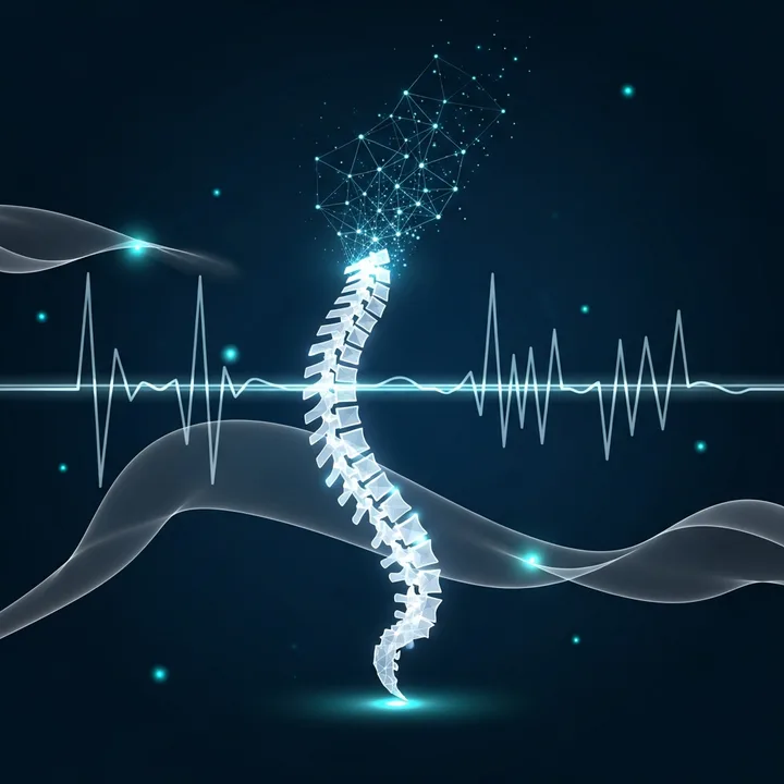 Abstract illustration of a glowing human spine flowing upward into a neural network, surrounded by calm wellness biosignal waveforms